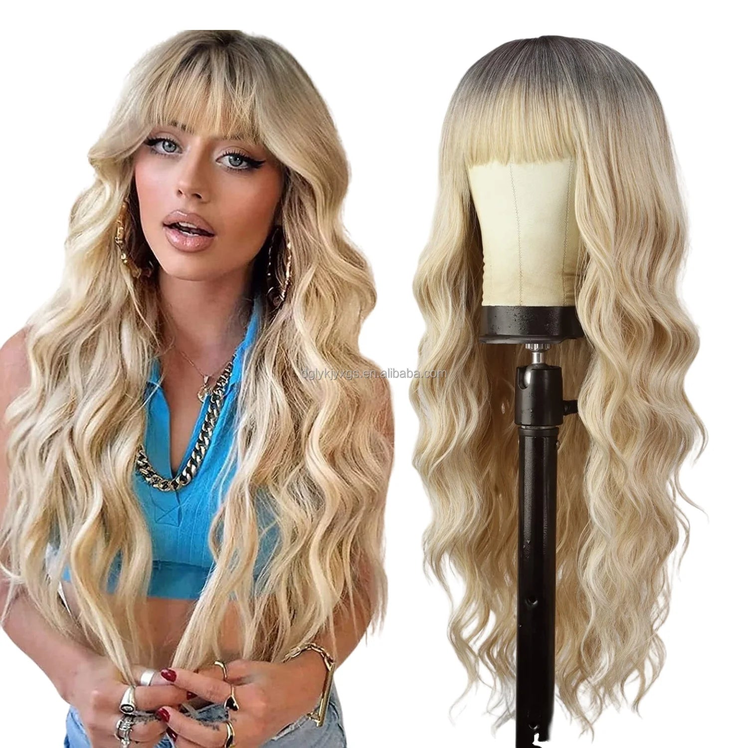 Factory Wholesale 26Inch Bangs Wavy Curly Wigs Black Brown Blonde Auburn Heat Resistant Synthetic Fiber Wigs