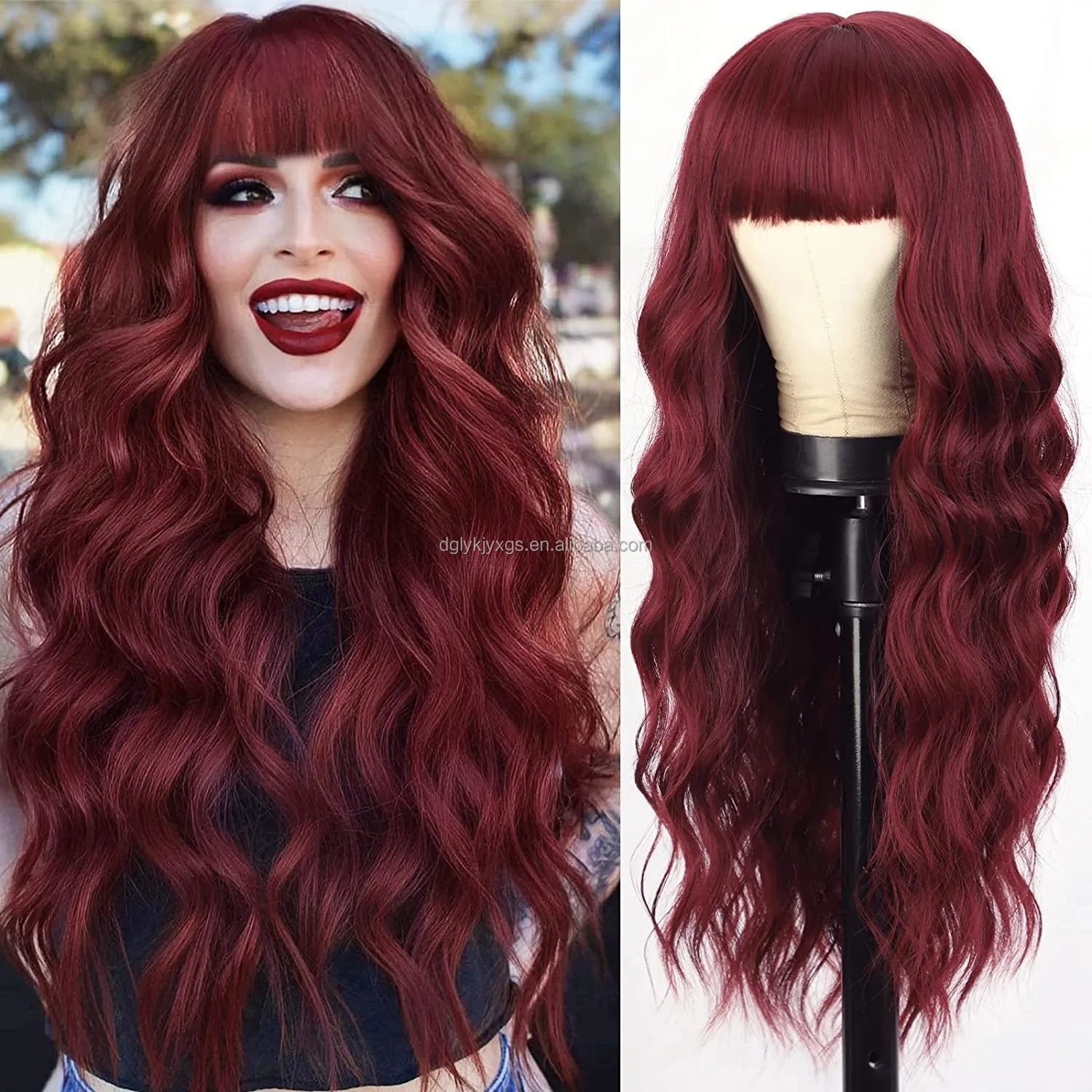 Factory Wholesale 26Inch Bangs Wavy Curly Wigs Black Brown Blonde Auburn Heat Resistant Synthetic Fiber Wigs