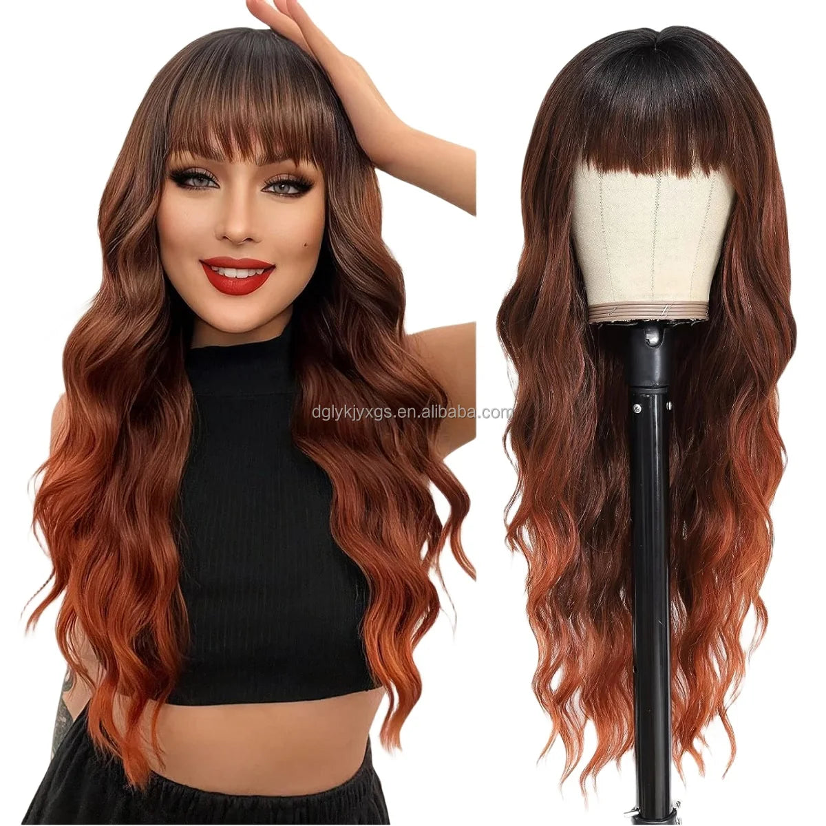 Factory Wholesale 26Inch Bangs Wavy Curly Wigs Black Brown Blonde Auburn Heat Resistant Synthetic Fiber Wigs