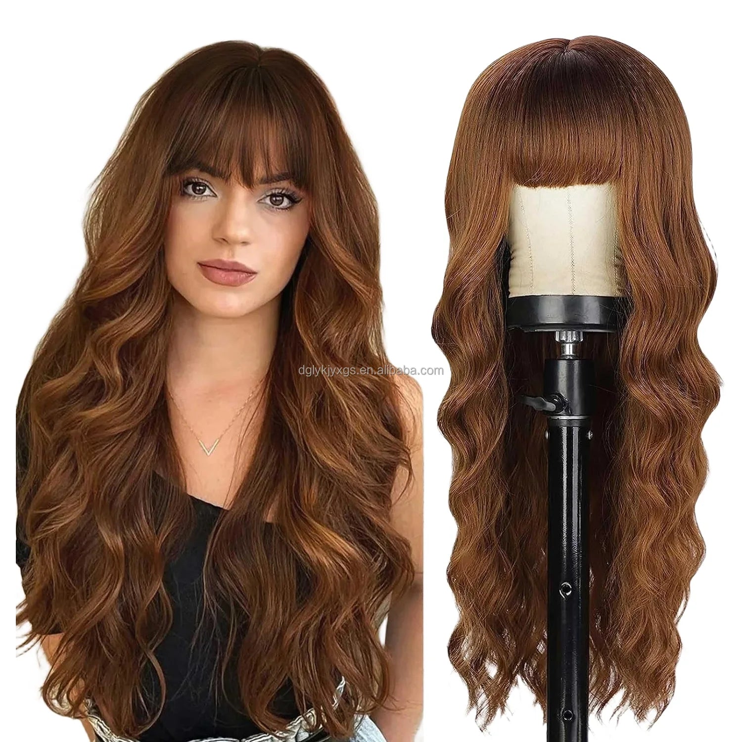 Factory Wholesale 26Inch Bangs Wavy Curly Wigs Black Brown Blonde Auburn Heat Resistant Synthetic Fiber Wigs