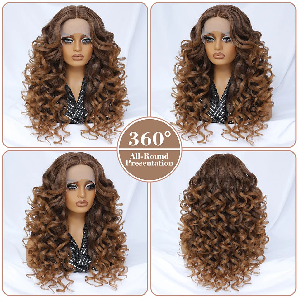 Wholesale Mixed Color HD Frontal Lace Synthetic Hair Wigs Curly Wave Black Brown for Daily Use for Black Women