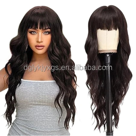 Factory Wholesale 26Inch Bangs Wavy Curly Wigs Black Brown Blonde Auburn Heat Resistant Synthetic Fiber Wigs