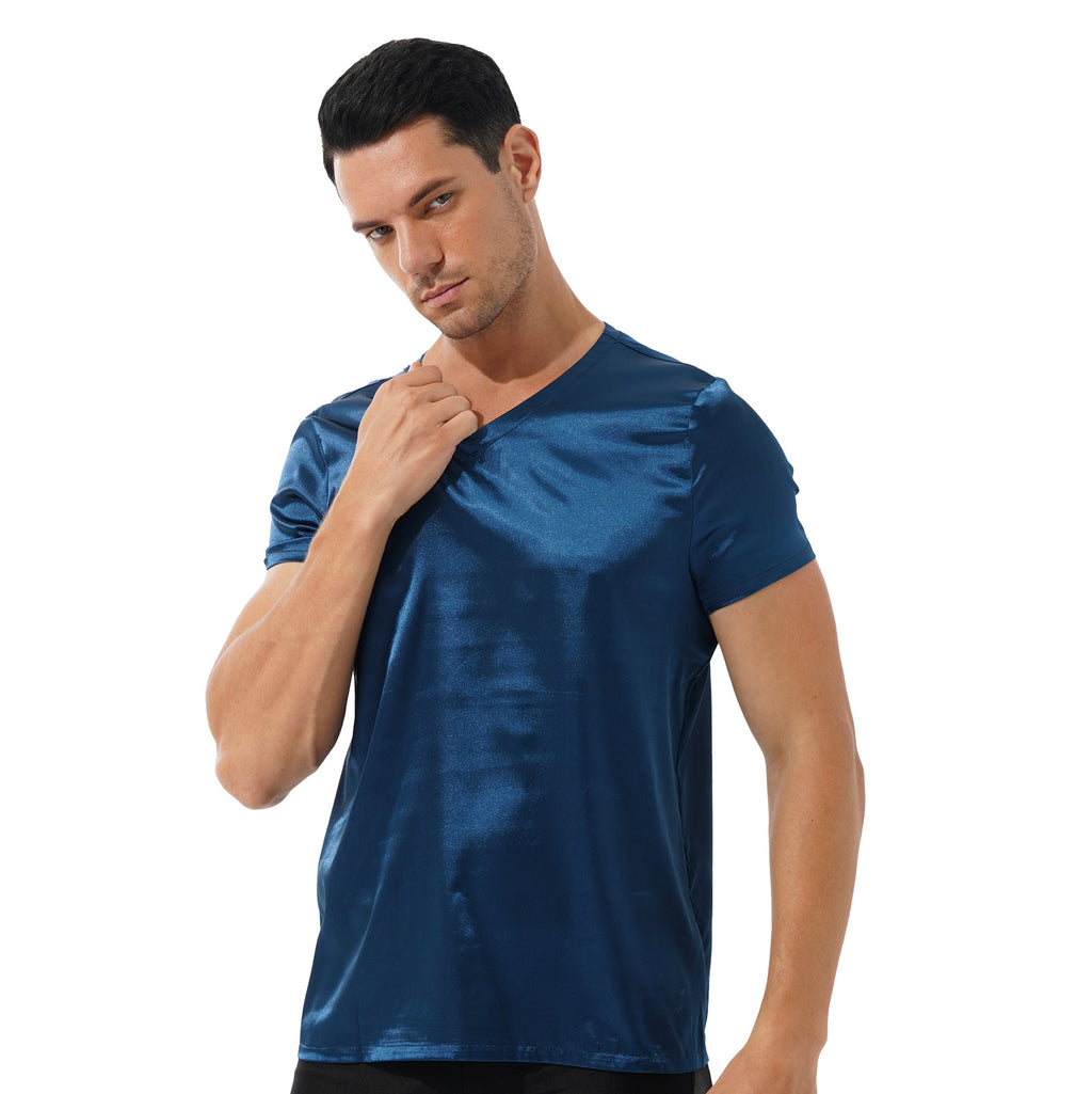Mens Male Clothing V Neck Short Sleeve Satin Casual Comfortable T-Shirt Loose Pajamas Tops Loungewear Sleepwear Nightwear