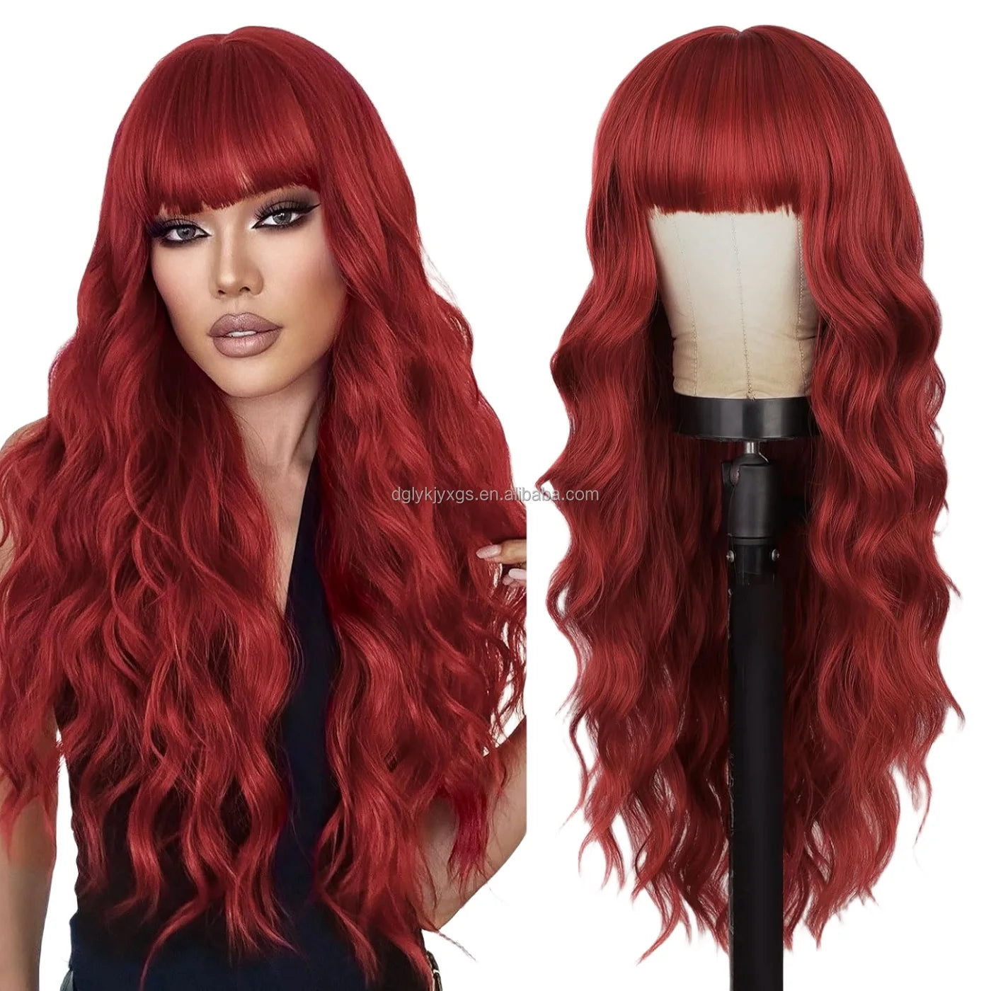Factory Wholesale 26Inch Bangs Wavy Curly Wigs Black Brown Blonde Auburn Heat Resistant Synthetic Fiber Wigs