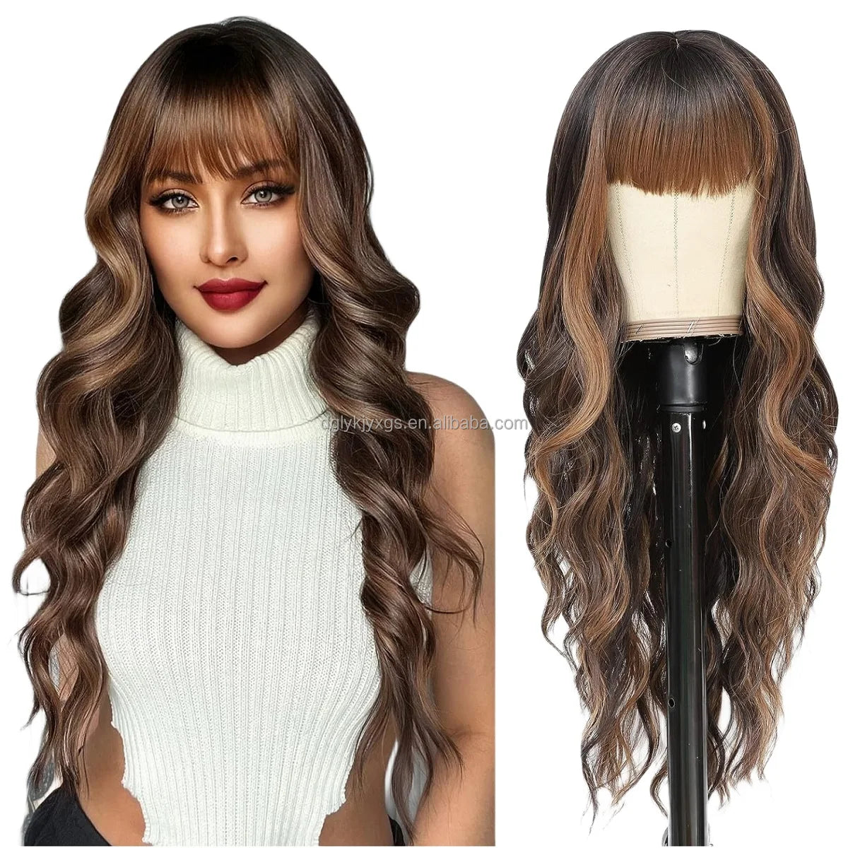 Factory Wholesale 26Inch Bangs Wavy Curly Wigs Black Brown Blonde Auburn Heat Resistant Synthetic Fiber Wigs