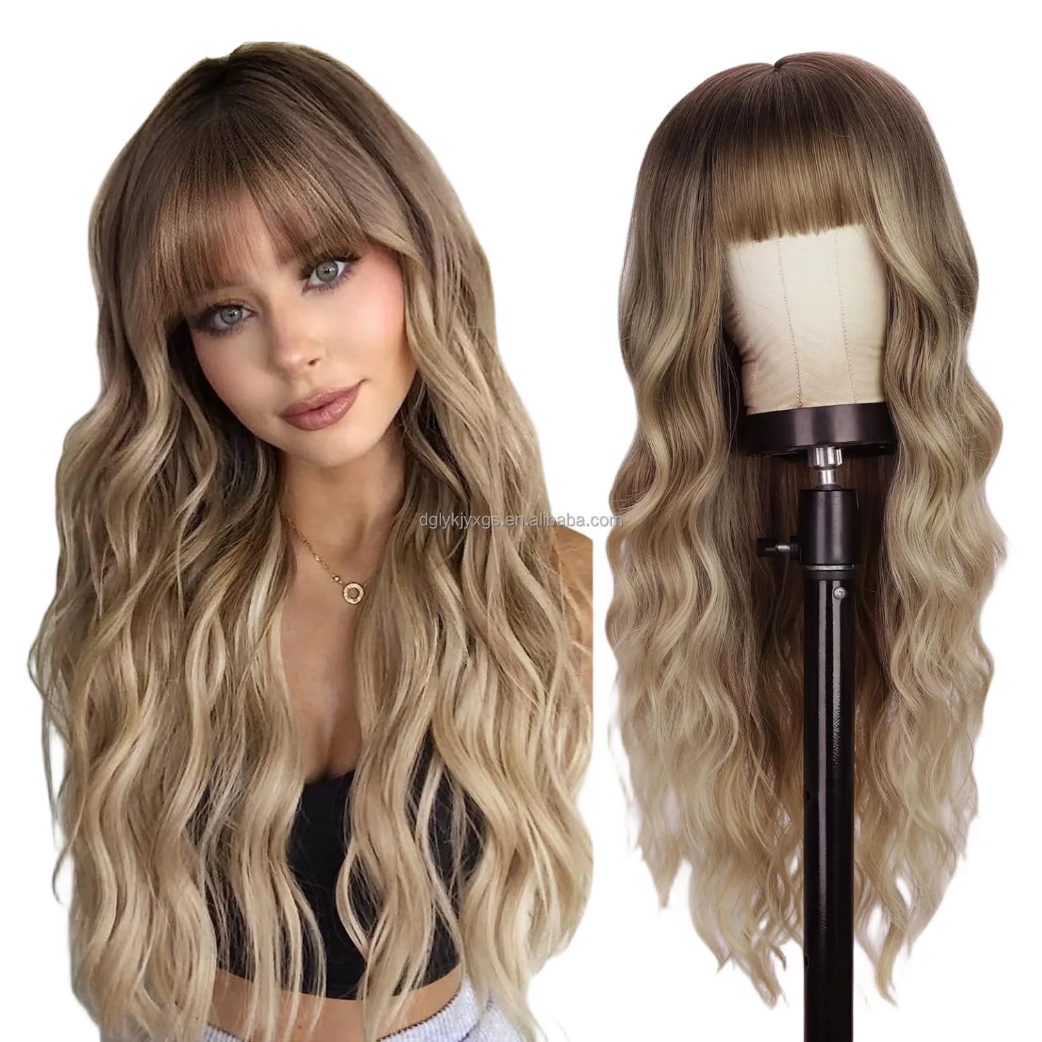 Factory Wholesale 26Inch Bangs Wavy Curly Wigs Black Brown Blonde Auburn Heat Resistant Synthetic Fiber Wigs