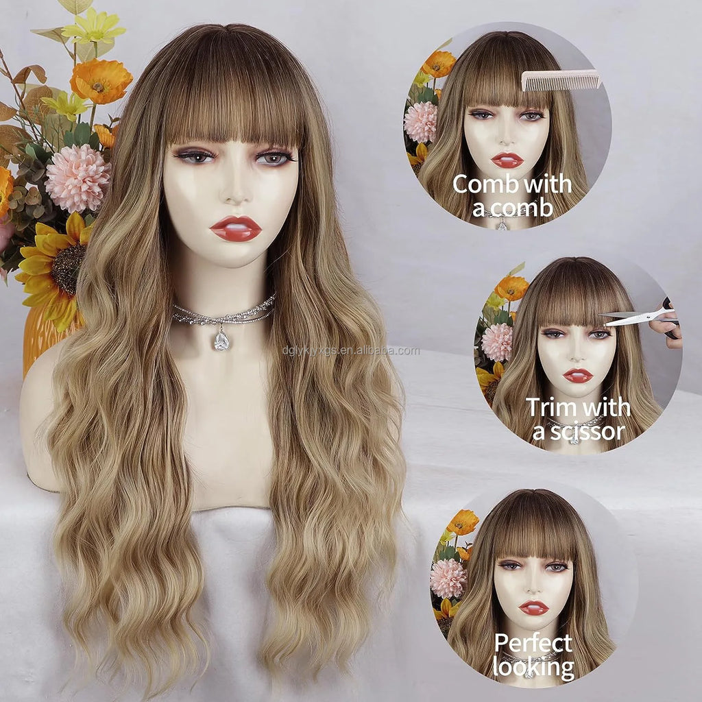 Factory Wholesale 26Inch Bangs Wavy Curly Wigs Black Brown Blonde Auburn Heat Resistant Synthetic Fiber Wigs