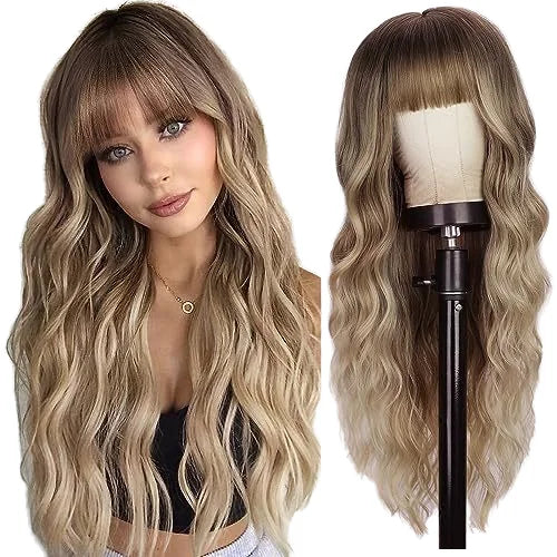 Factory Wholesale 26Inch Bangs Wavy Curly Wigs Black Brown Blonde Auburn Heat Resistant Synthetic Fiber Wigs