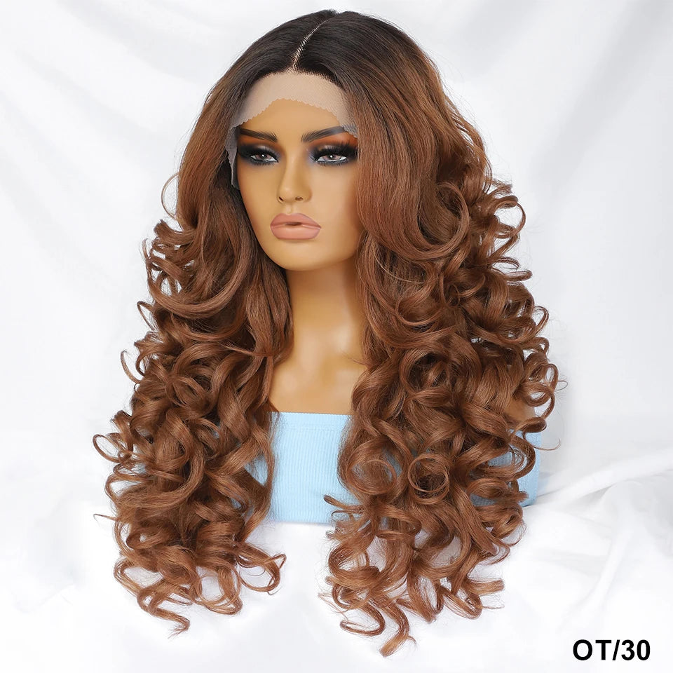 Wholesale Mixed Color HD Frontal Lace Synthetic Hair Wigs Curly Wave Black Brown for Daily Use for Black Women