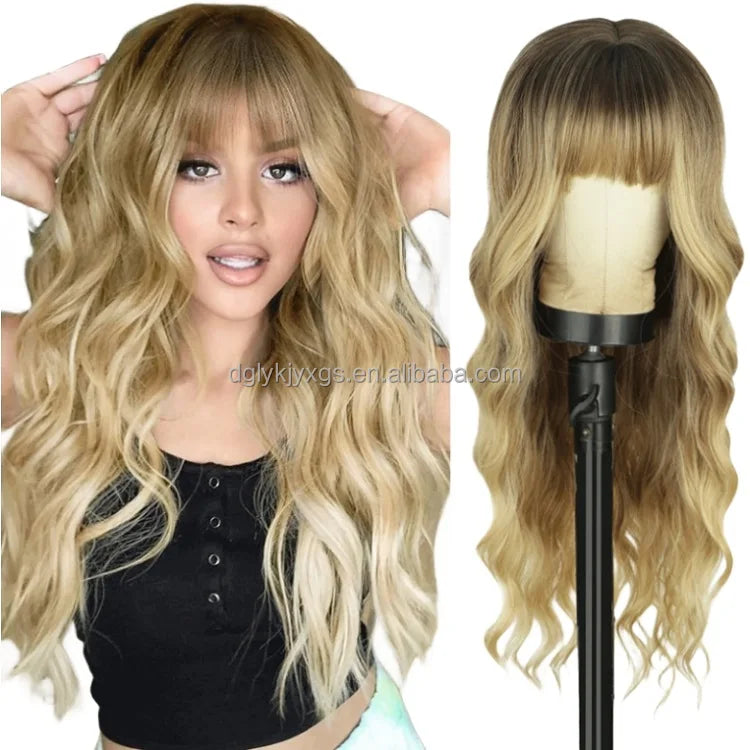 Factory Wholesale 26Inch Bangs Wavy Curly Wigs Black Brown Blonde Auburn Heat Resistant Synthetic Fiber Wigs