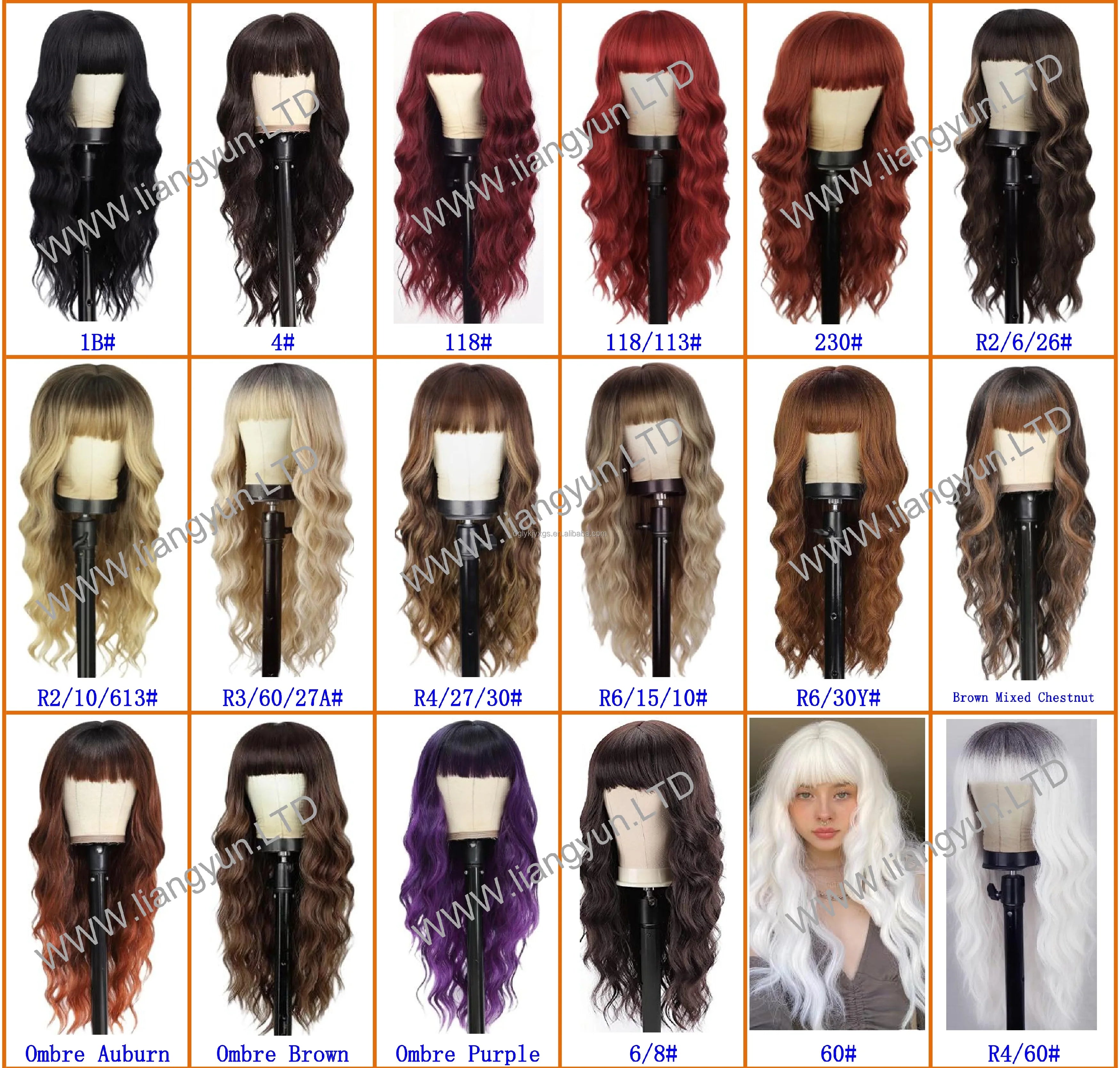 Factory Wholesale 26Inch Bangs Wavy Curly Wigs Black Brown Blonde Auburn Heat Resistant Synthetic Fiber Wigs