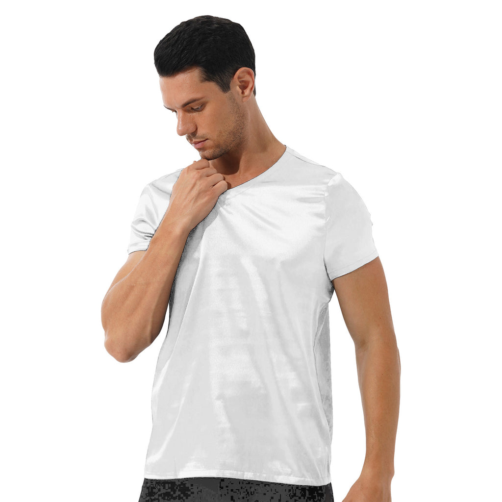 Mens Male Clothing V Neck Short Sleeve Satin Casual Comfortable T-Shirt Loose Pajamas Tops Loungewear Sleepwear Nightwear