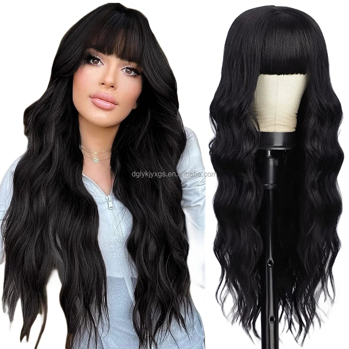 Factory Wholesale 26Inch Bangs Wavy Curly Wigs Black Brown Blonde Auburn Heat Resistant Synthetic Fiber Wigs