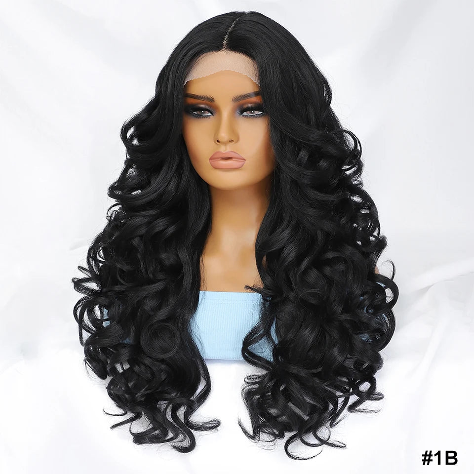 Wholesale Mixed Color HD Frontal Lace Synthetic Hair Wigs Curly Wave Black Brown for Daily Use for Black Women