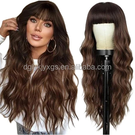 Factory Wholesale 26Inch Bangs Wavy Curly Wigs Black Brown Blonde Auburn Heat Resistant Synthetic Fiber Wigs