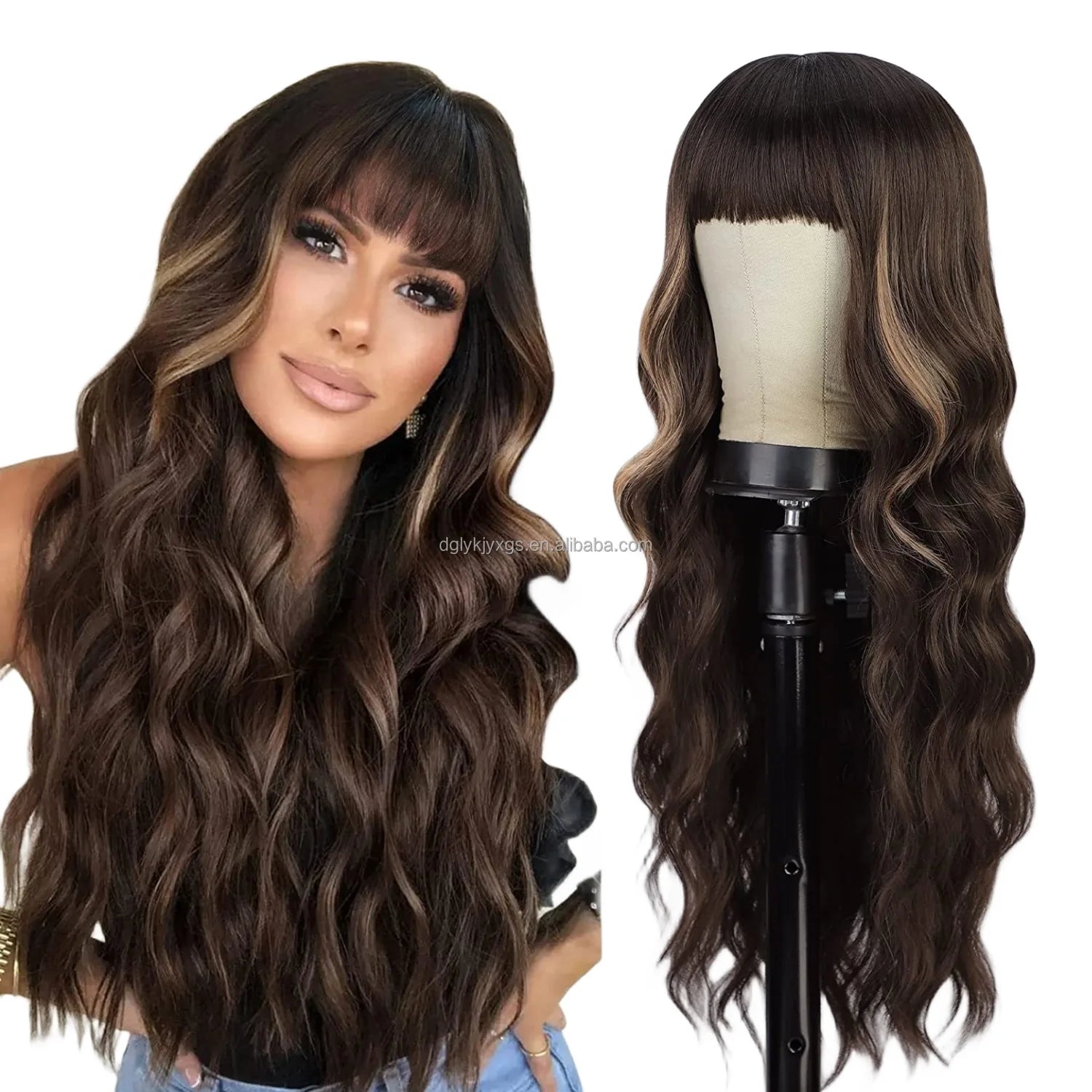 Factory Wholesale 26Inch Bangs Wavy Curly Wigs Black Brown Blonde Auburn Heat Resistant Synthetic Fiber Wigs
