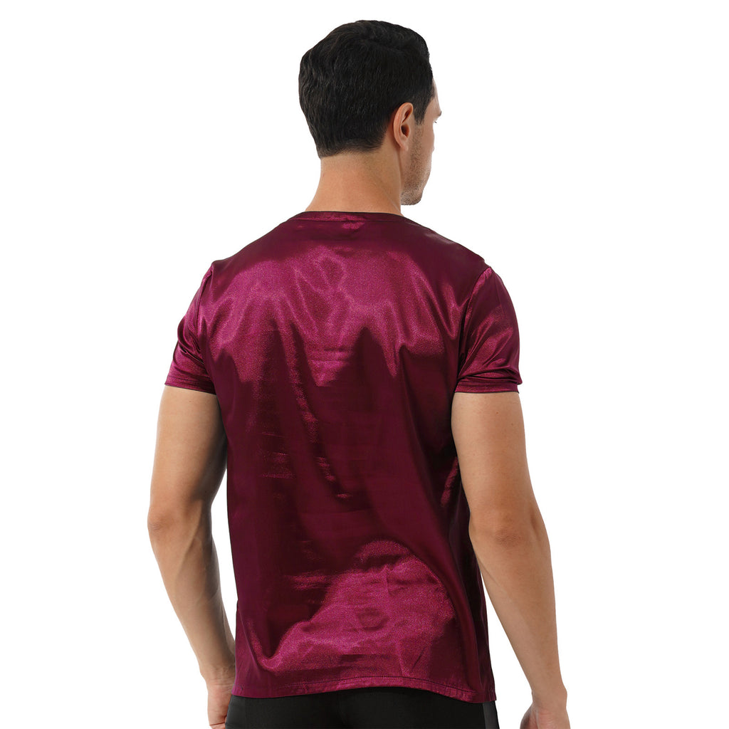 Mens Male Clothing V Neck Short Sleeve Satin Casual Comfortable T-Shirt Loose Pajamas Tops Loungewear Sleepwear Nightwear