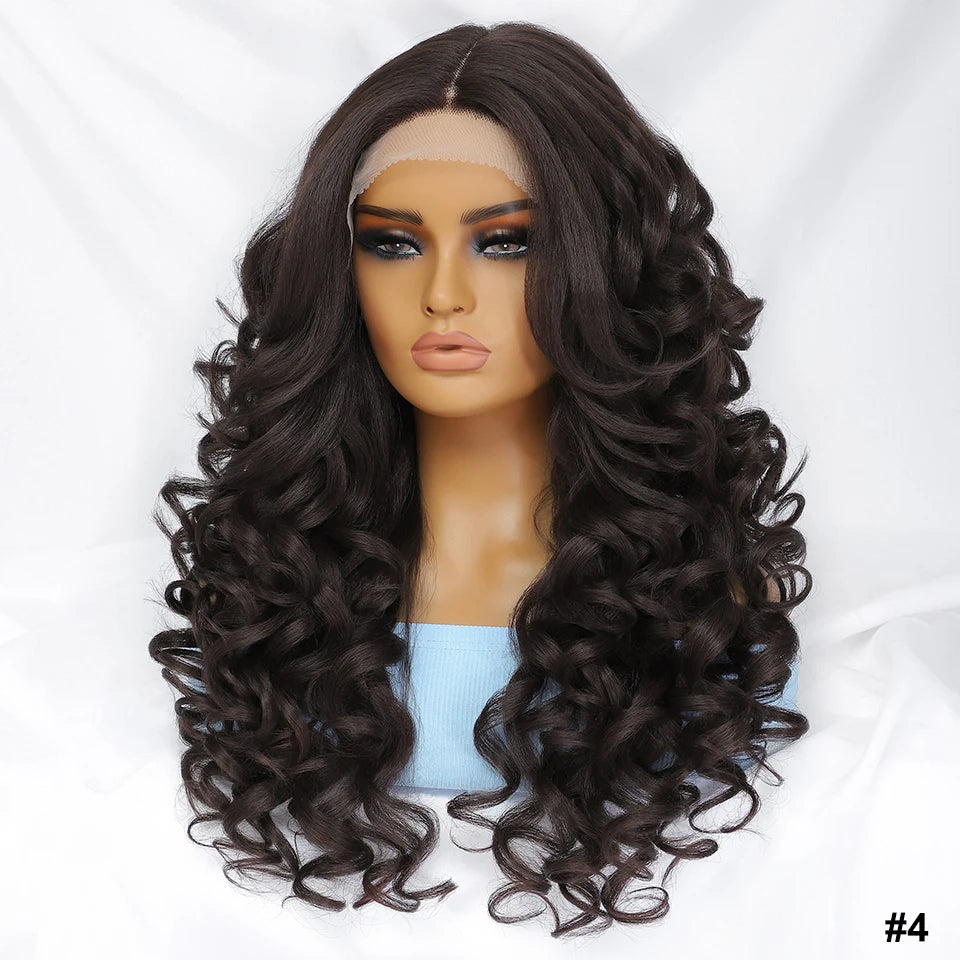 Wholesale Mixed Color HD Frontal Lace Synthetic Hair Wigs Curly Wave Black Brown for Daily Use for Black Women