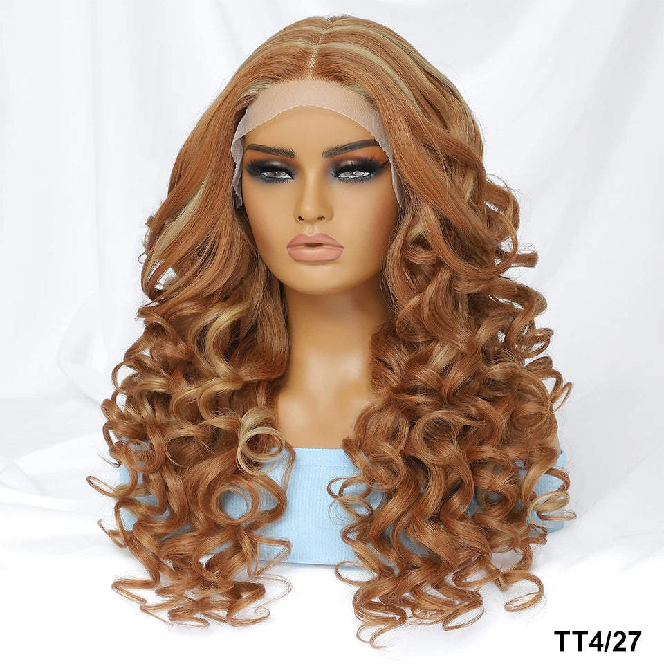 Wholesale Mixed Color HD Frontal Lace Synthetic Hair Wigs Curly Wave Black Brown for Daily Use for Black Women