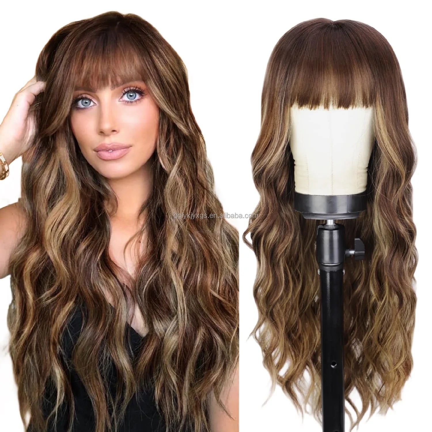 Factory Wholesale 26Inch Bangs Wavy Curly Wigs Black Brown Blonde Auburn Heat Resistant Synthetic Fiber Wigs
