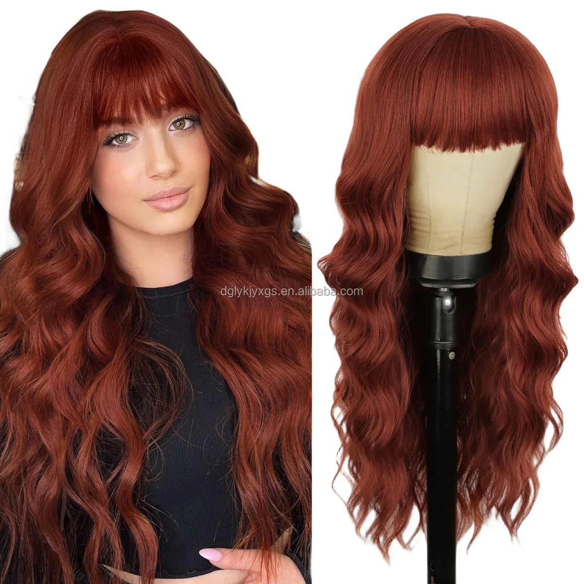 Factory Wholesale 26Inch Bangs Wavy Curly Wigs Black Brown Blonde Auburn Heat Resistant Synthetic Fiber Wigs