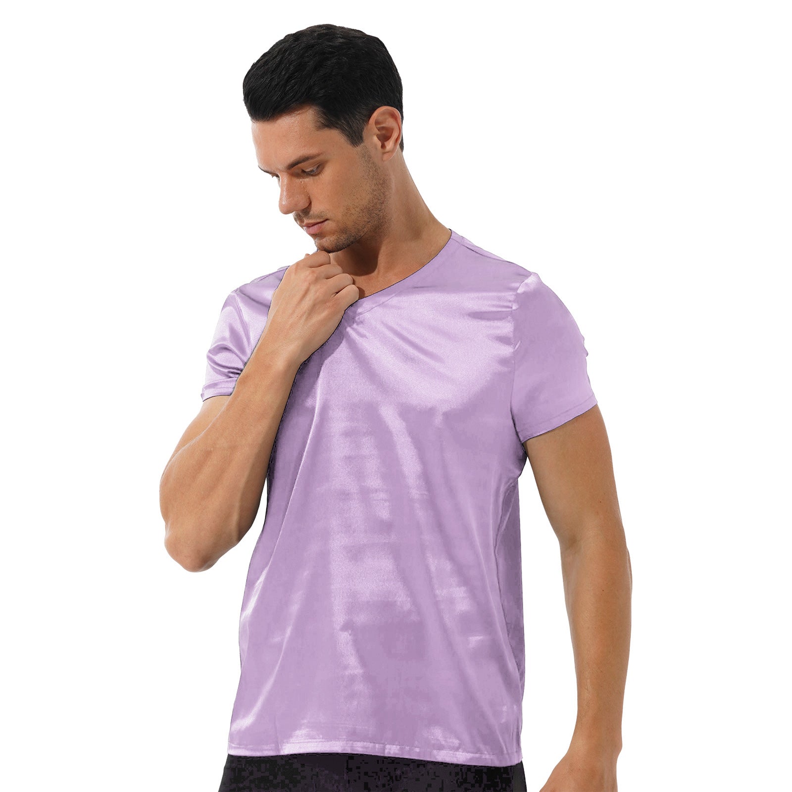 Mens Male Clothing V Neck Short Sleeve Satin Casual Comfortable T-Shirt Loose Pajamas Tops Loungewear Sleepwear Nightwear