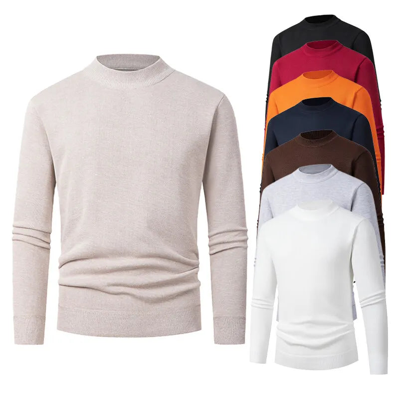 European  American Mock Neck Base Layer Men's Solid Color Sweater Slim Fit Casual Long Sleeve Thermal Knitwear Thick Top