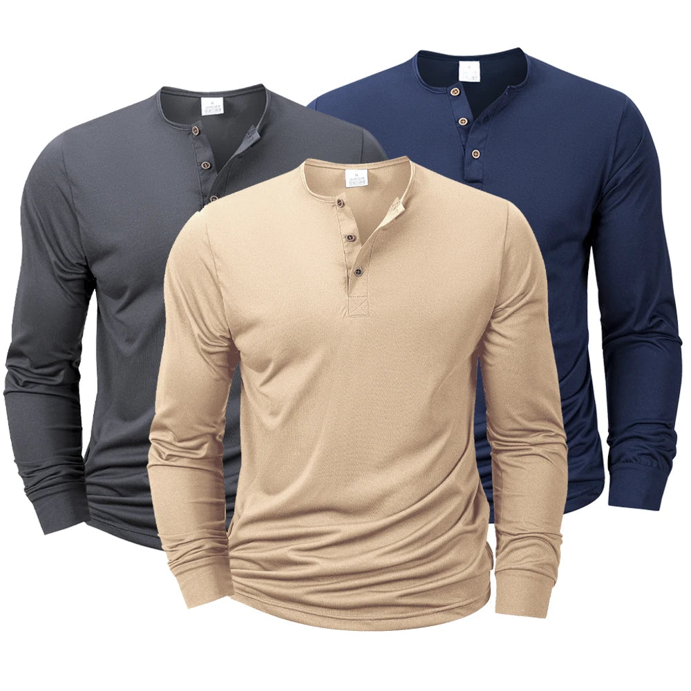 Men's Long Sleeved Henley Neck T-shirt Slim Fit Bottoming Shirt Fitness Tops Tees Button Neck Casual Cozy Tshirt