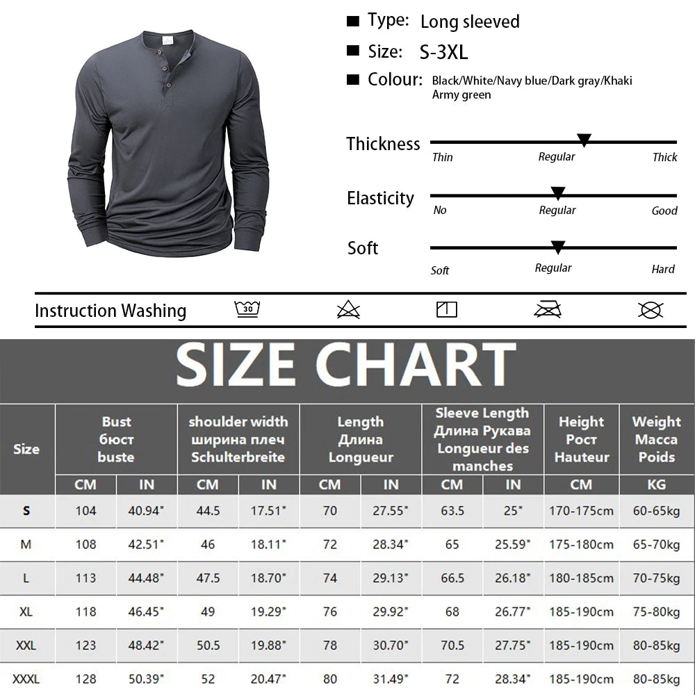 Men's Long Sleeved Henley Neck T-shirt Slim Fit Bottoming Shirt Fitness Tops Tees Button Neck Casual Cozy Tshirt