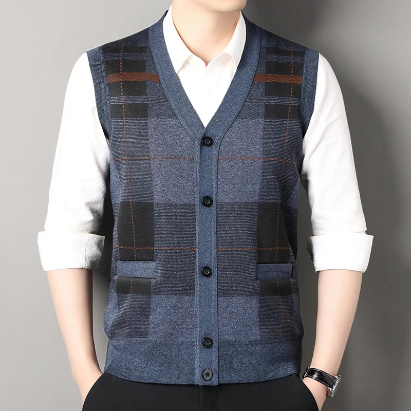 Men Clothes V-Neck Vest Sleeveless Sweater Cardigan Button Down Casual Knit Vests Contrast Mens Spring Autumn Clothes