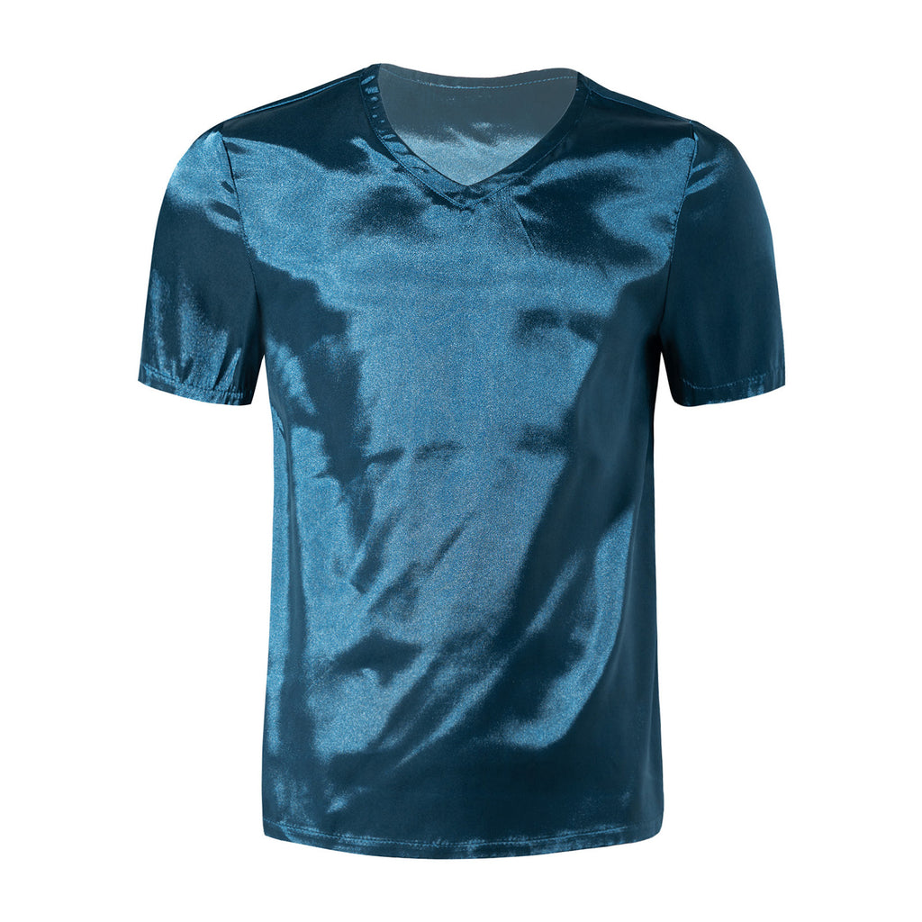 Mens Male Clothing V Neck Short Sleeve Satin Casual Comfortable T-Shirt Loose Pajamas Tops Loungewear Sleepwear Nightwear