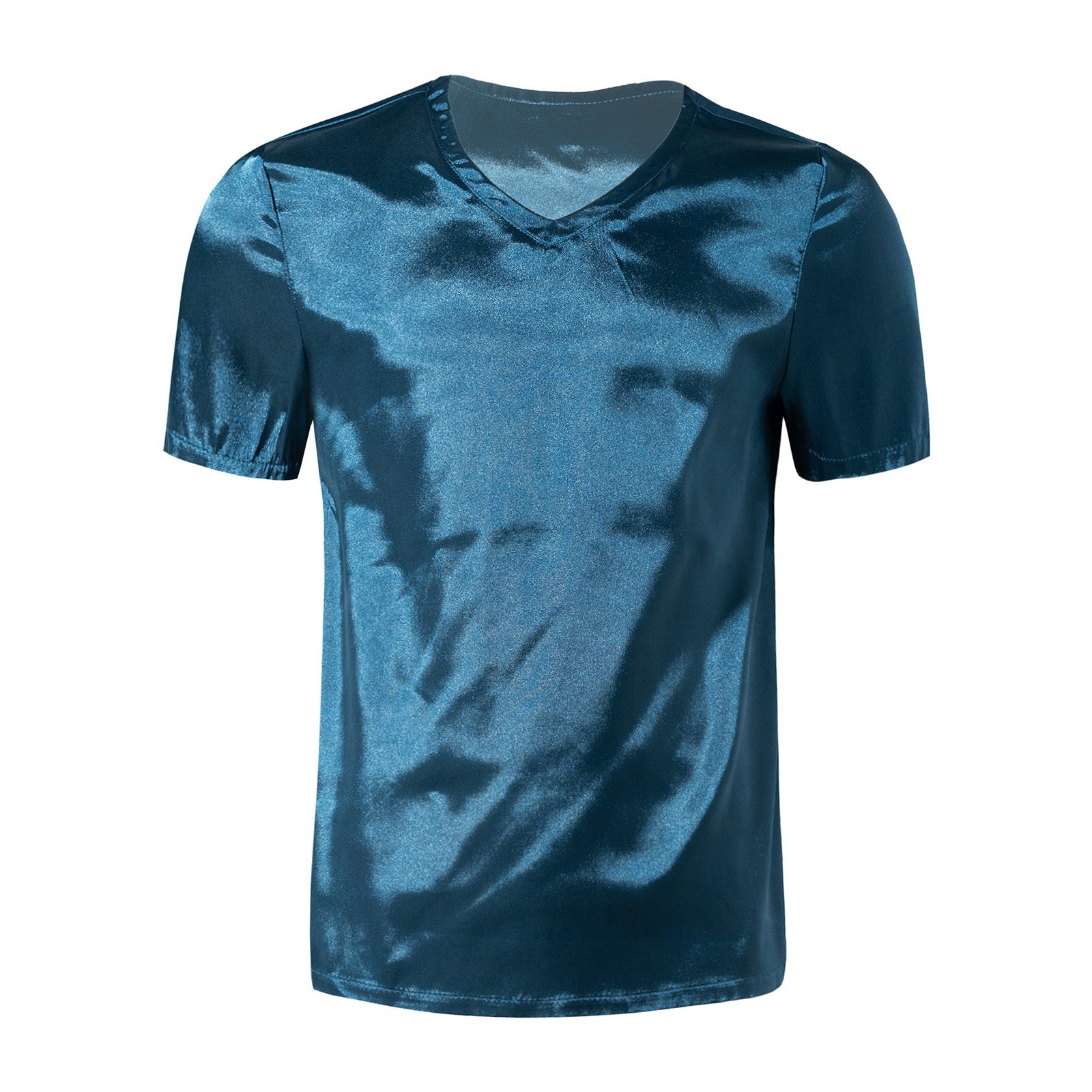 Mens Male Clothing V Neck Short Sleeve Satin Casual Comfortable T-Shirt Loose Pajamas Tops Loungewear Sleepwear Nightwear