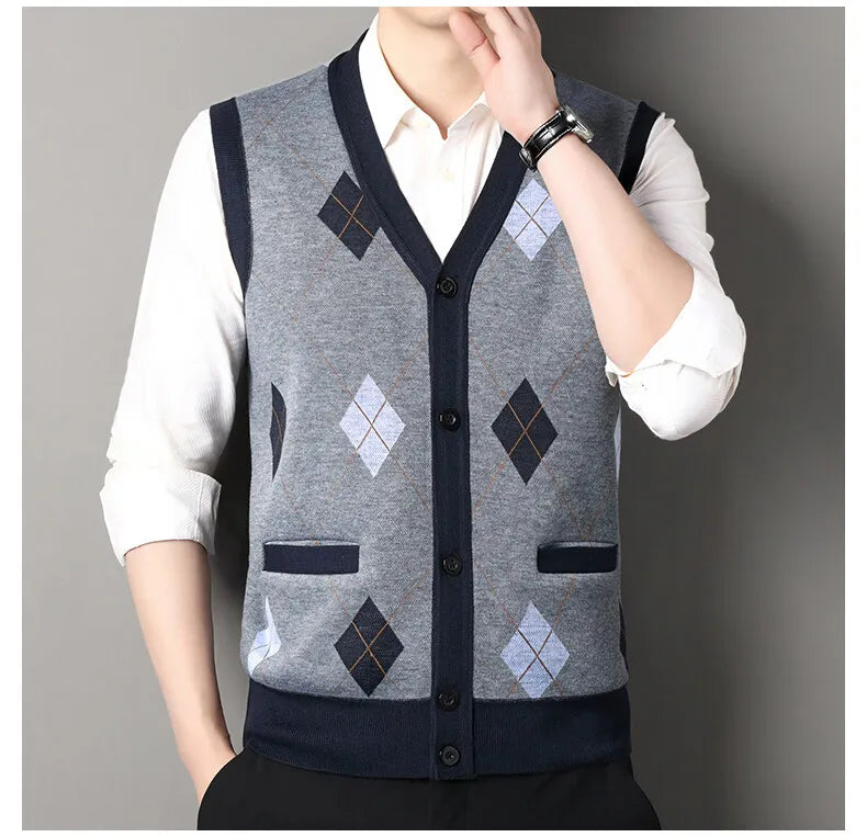Men Clothes V-Neck Vest Sleeveless Sweater Cardigan Button Down Casual Knit Vests Contrast Mens Spring Autumn Clothes