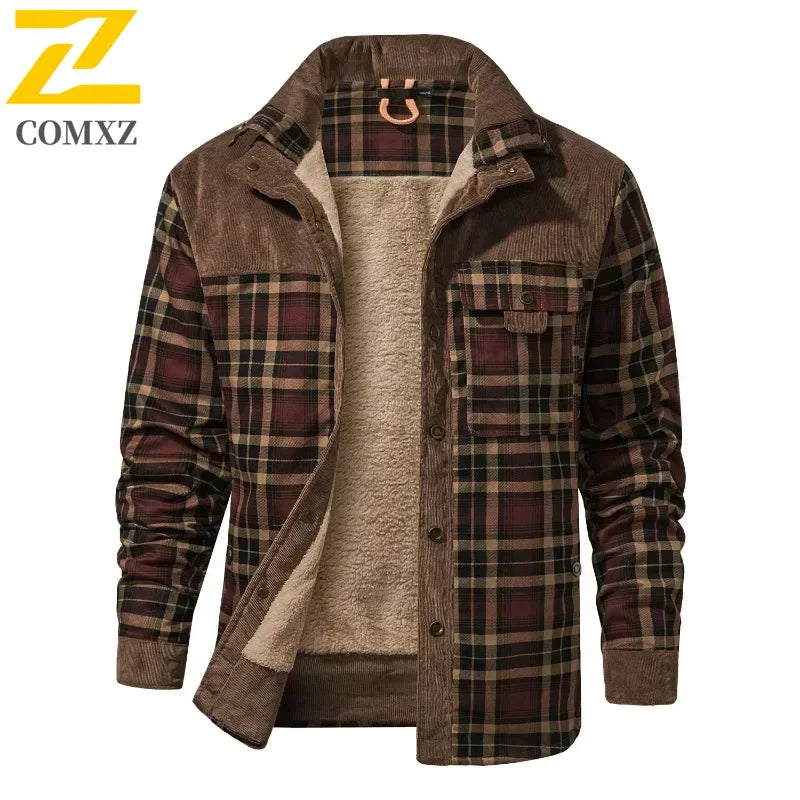 Mens Cotton Jacket Autumn Winter 2025 Check Print Warm Casual Business Office Lapel Coat Man Middle-aged Elderly Cotton Clothes