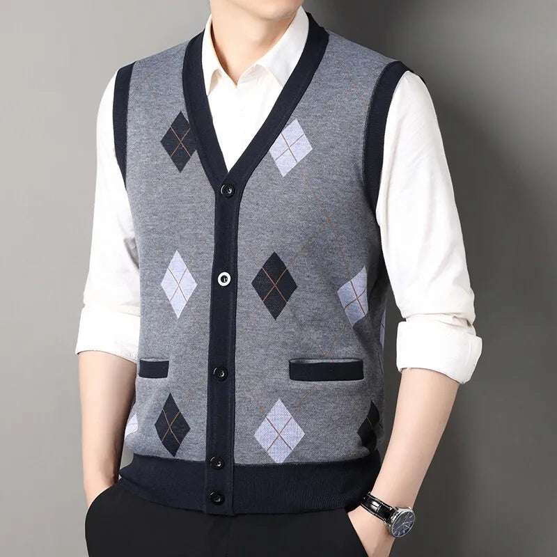 Men Clothes V-Neck Vest Sleeveless Sweater Cardigan Button Down Casual Knit Vests Contrast Mens Spring Autumn Clothes