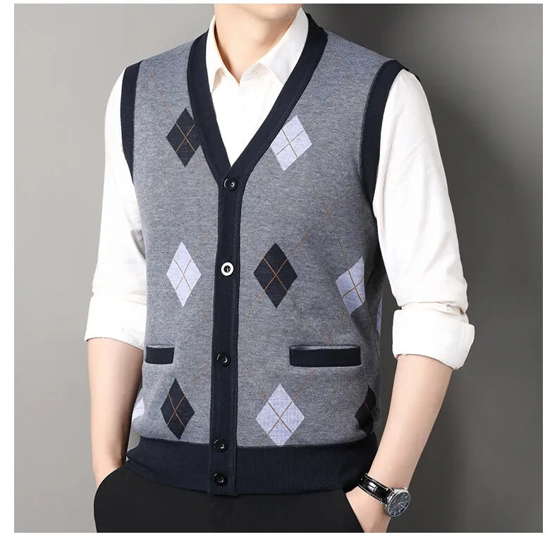 Men Clothes V-Neck Vest Sleeveless Sweater Cardigan Button Down Casual Knit Vests Contrast Mens Spring Autumn Clothes