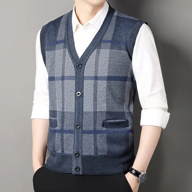 Men Clothes V-Neck Vest Sleeveless Sweater Cardigan Button Down Casual Knit Vests Contrast Mens Spring Autumn Clothes
