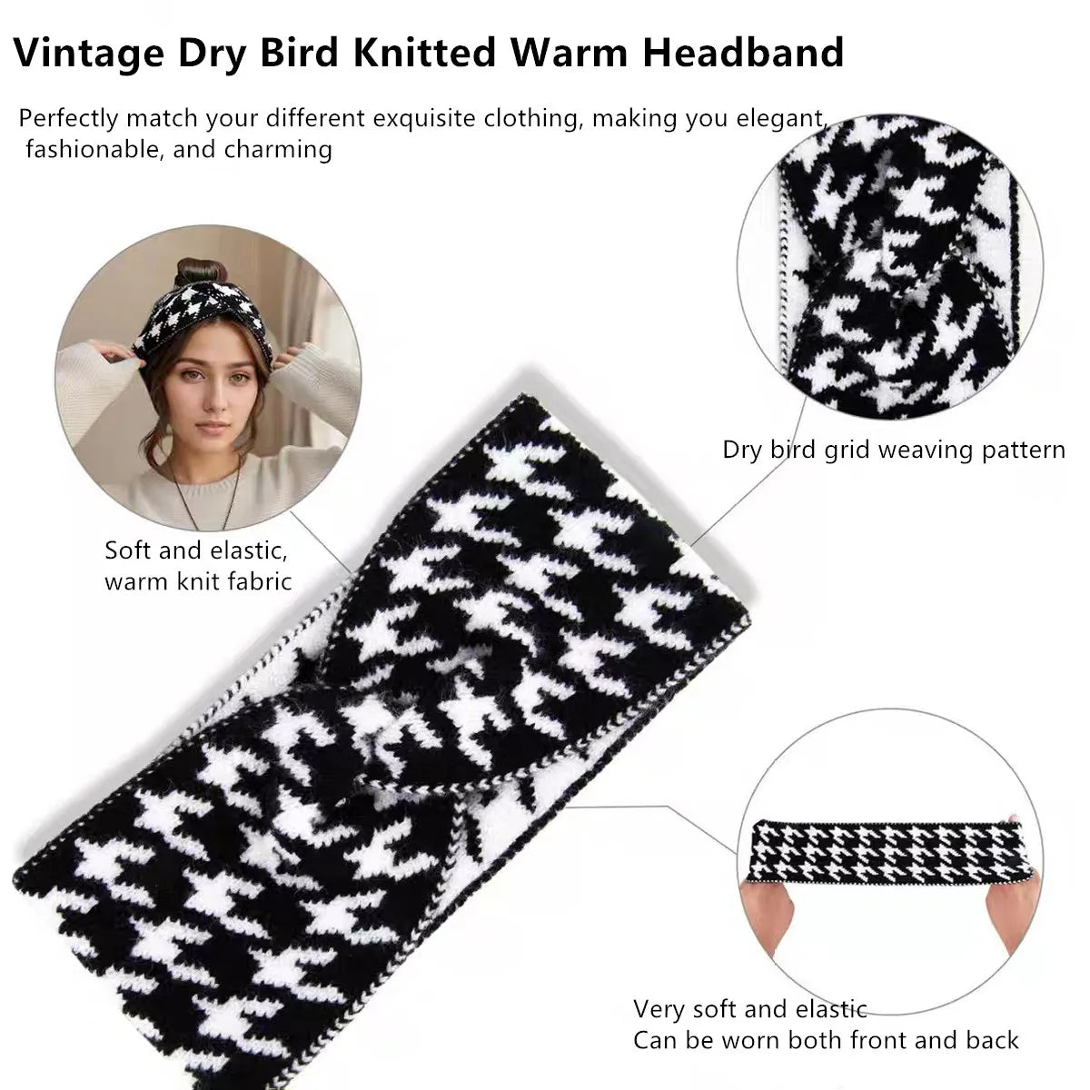 5PCS/3PCS Set Knitted Thousand Bird Fashion Women's Headbands Retro Warm High Elasticity Hairband Hair Accessoires