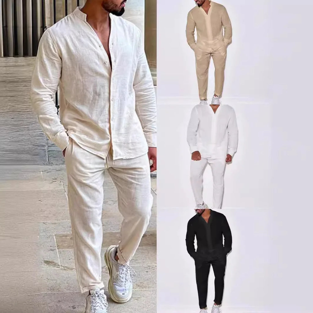 Mens Sets Linen Spring Autumn Leisure Suit Long Sleeve Shirts and Trousers Two Piece Sets Fashion Men Hot Sales Comfortable