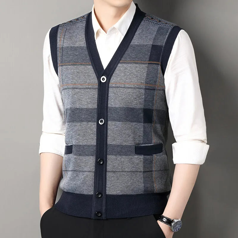 Men Clothes V-Neck Vest Sleeveless Sweater Cardigan Button Down Casual Knit Vests Contrast Mens Spring Autumn Clothes