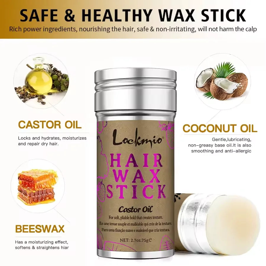 Lockmio 75g Hair Wax Stick With Castor Oil Tames Frizz Smooth Flyaways Strong Hold Edge Styling Finishing Broken Hair Gel
