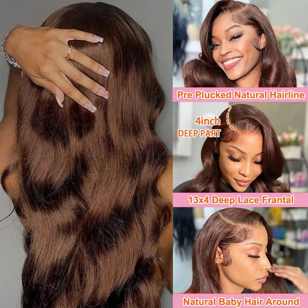 Body Wave Chocolate Brown Lace Front Wigs Human Hair Pre Plucked Brazilian Brown Virgin Hair Glueless HD Frontal Wig For Women