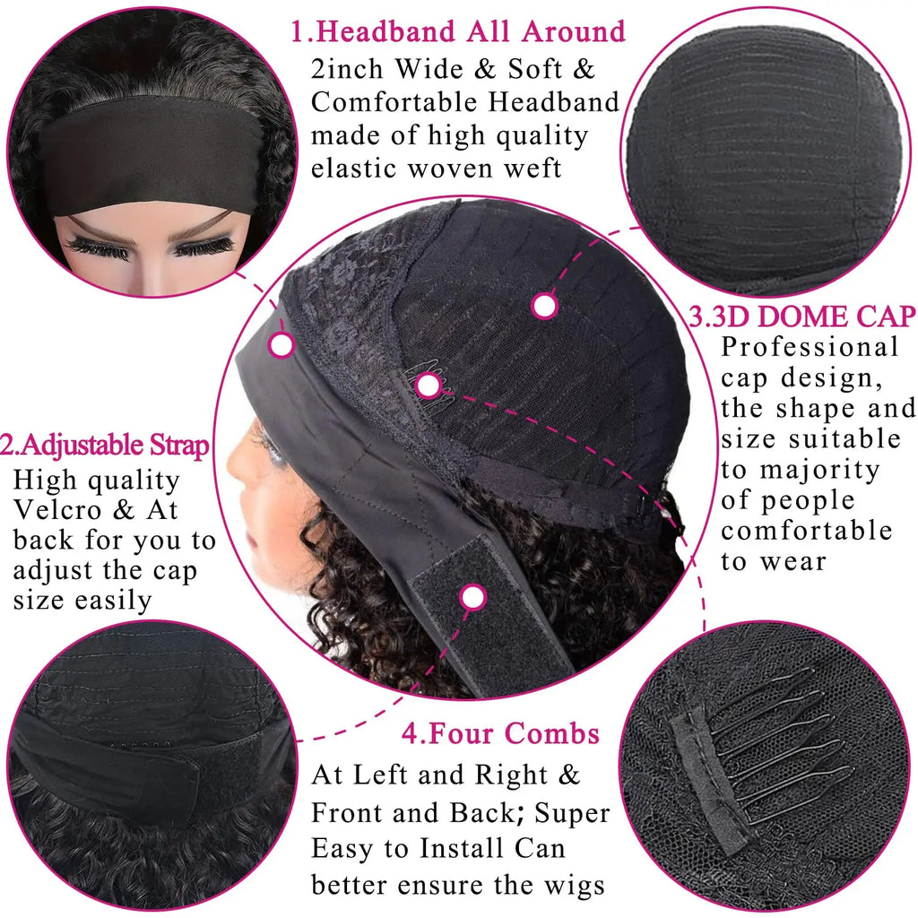 Headband Wigs Human Hair 28 30 32 Inch Water Wave Wigs 100% Real Hair Curly wig None Lace Front Wigs Full Machine Made Wigs