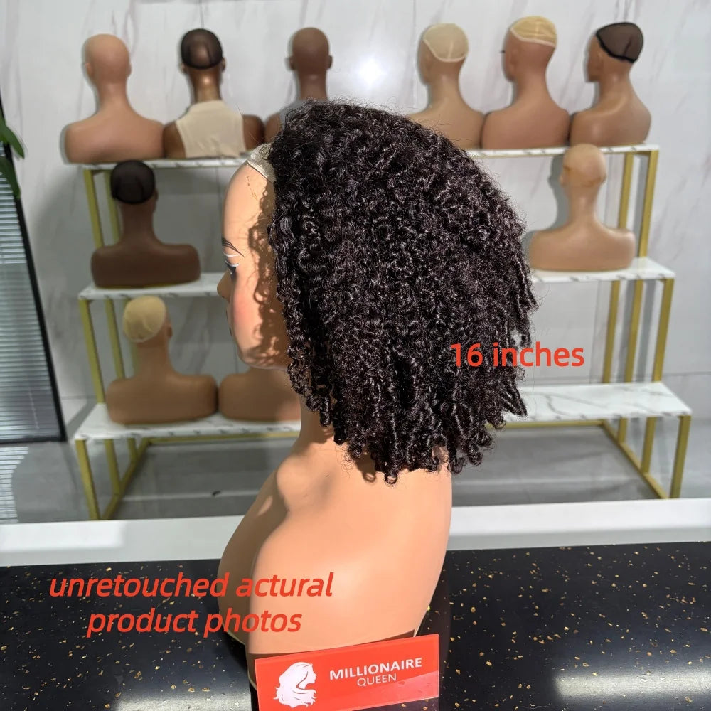 Human Hair Half Wig Kinky Curly Burmese Pixi Curly Half Wig For Women Ready To Wear 3 In 1 Flip Over Natural Black Glueless Wigs